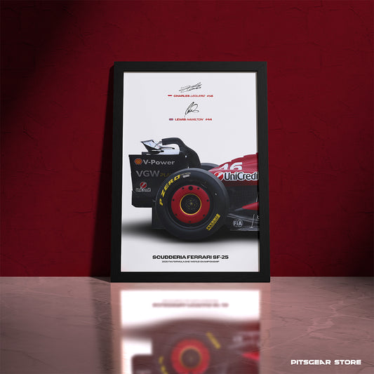 Scudderia Ferrari HP SF-25 - Dual-Signature Premium Framed Wall Poster (Charles Leclerc 16 & Lewis Hamilton 44)