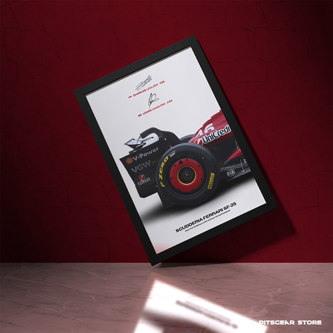 Scudderia Ferrari HP SF-25 - Dual-Signature Premium Framed Wall Poster (Charles Leclerc 16 & Lewis Hamilton 44)