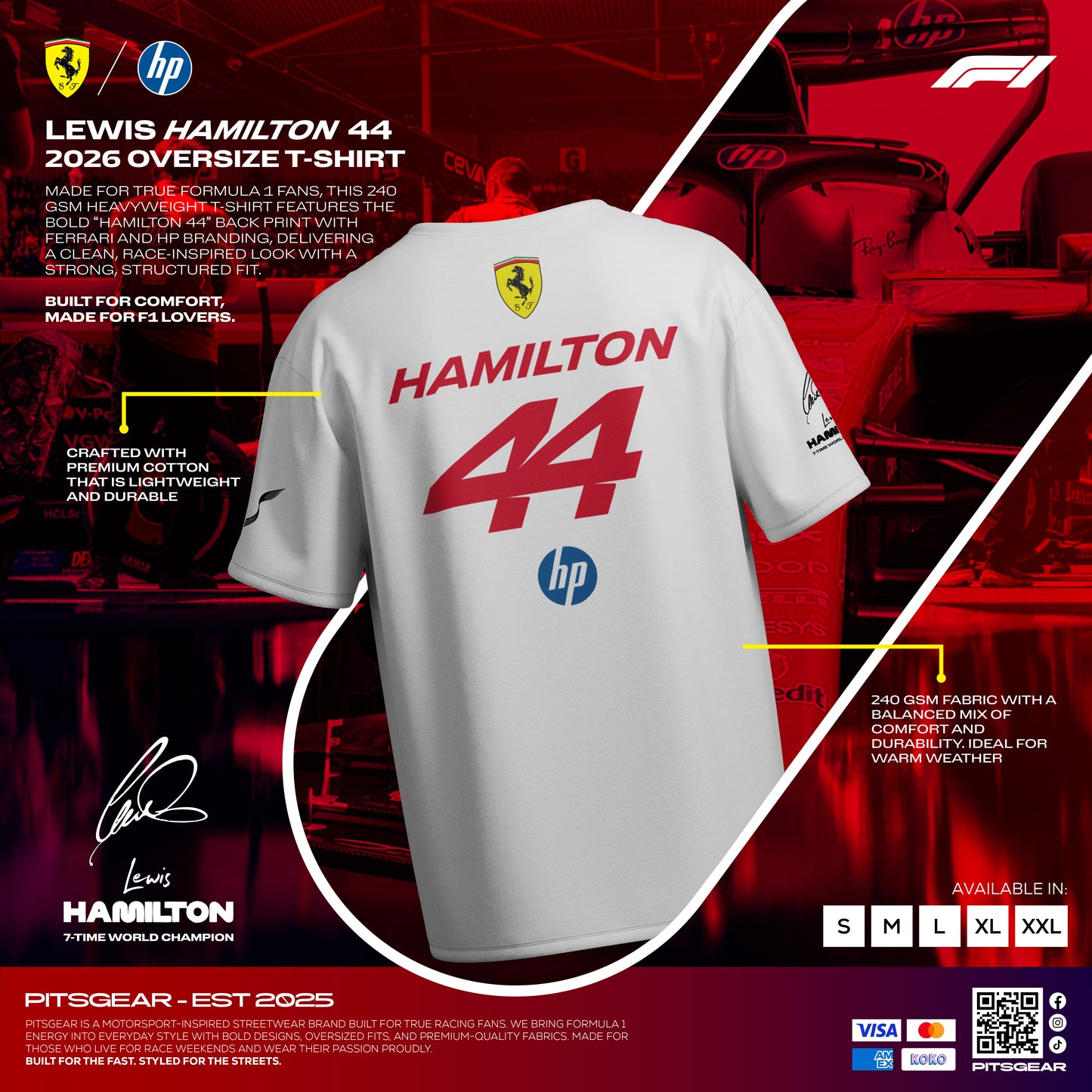 Lewis Hamilton 44 Inspired Oversized Fan T-Shirt (Scuderia Ferrari HP F1 Team)