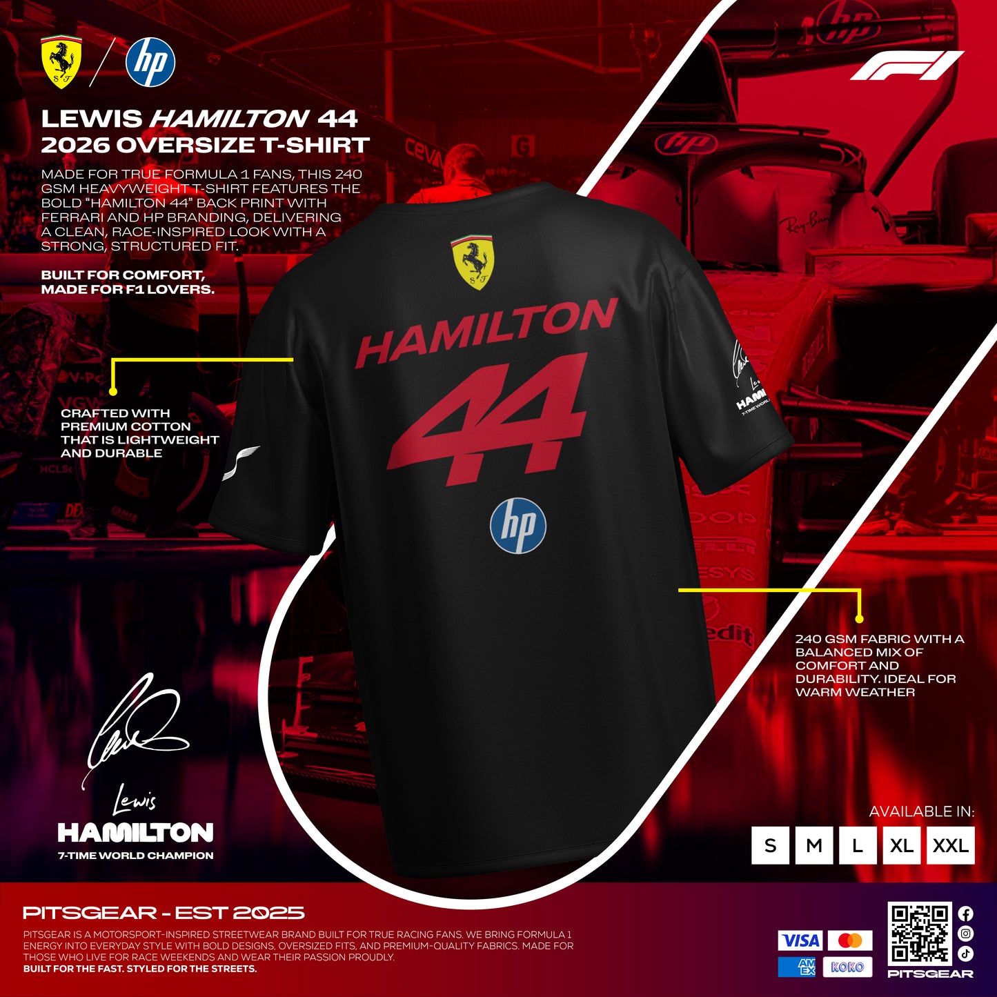 Lewis Hamilton 44 Inspired Oversized Fan T-Shirt (Scuderia Ferrari HP F1 Team)