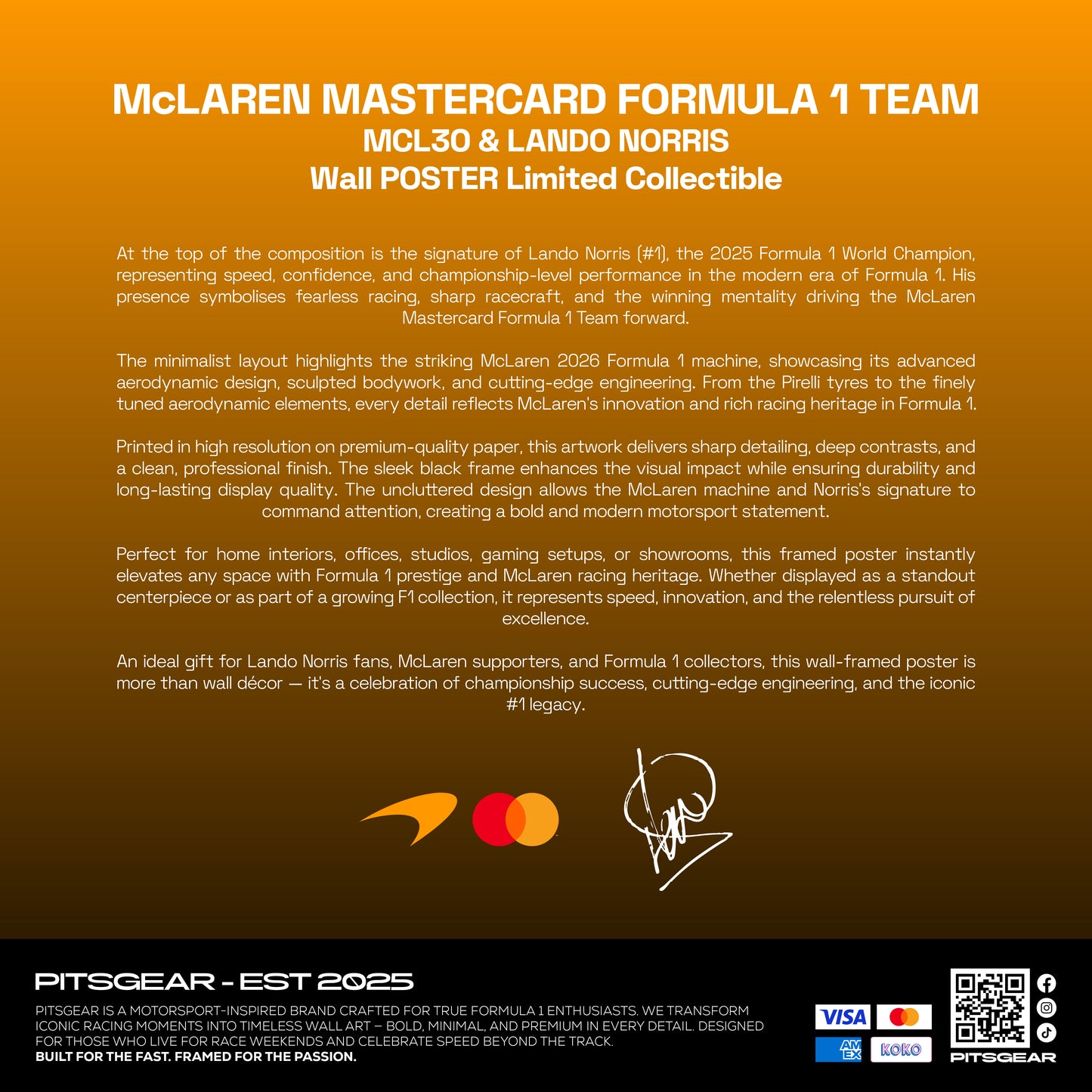 Lando Norris 1 x McLaren Mastercard F1 Team MCL30 - Wall Poster 2026